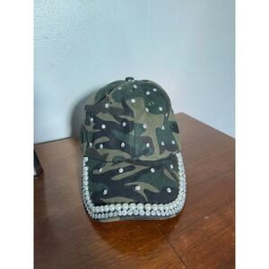 Camo Baseball Hat Womens Sz OS Green Rhinestone Pearl Excellent Bling
